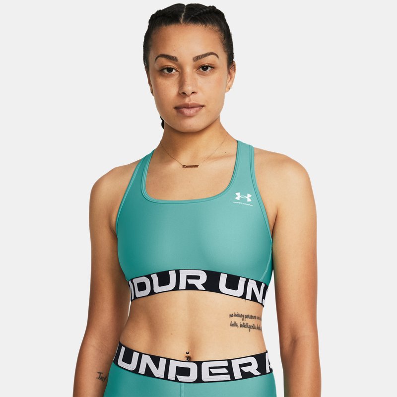 Under Armour Women's HeatGear® Armour Mid Branded Sports Bra Radial Turquoise / White L
